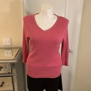Pink cable knit 3/4 sleeve v-neck sweater